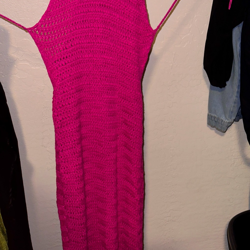 Crochet  backless halter Neck bodycon Hot pink dress